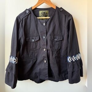 ALESSANDRA CHAMONIX Beaded Black Lady Jacket Italy Cotton Boho Art to Wear US 10